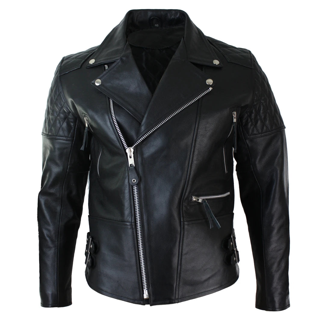 Giacca Corta Imbottita da Uomo in Vera Pelle Zip Laterale Biker Brando Vintage - Nero - Infinity Leather - 1