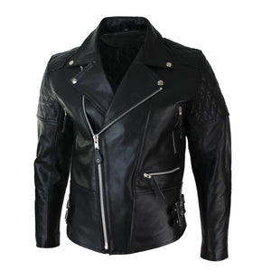 Giacca Corta Imbottita da Uomo in Vera Pelle Zip Laterale Biker Brando Vintage - Nero - Infinity Leather - 2