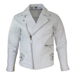 Giacca Corta Imbottita da Uomo in Vera Pelle Zip Laterale Biker Brando Vintage - Bianco - Infinity Leather - 5