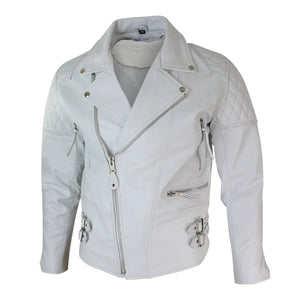 Giacca Corta Imbottita da Uomo in Vera Pelle Zip Laterale Biker Brando Vintage - Bianco - Infinity Leather - 6