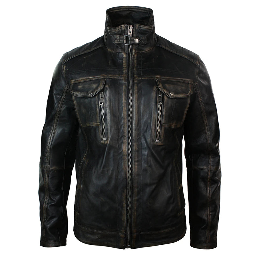 Herrenjacke 100% Echtleder Schwarz Braun Getragenes Design Hoher Kragen Lässig - Infinity Leather - 1
