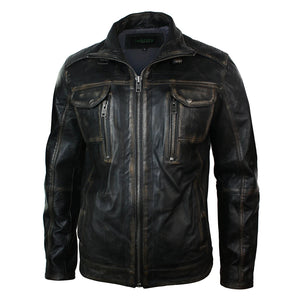 Herrenjacke 100% Echtleder Schwarz Braun Getragenes Design Hoher Kragen Lässig - Infinity Leather - 4