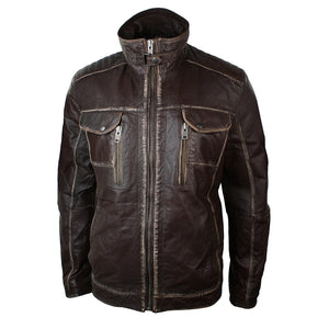 Herrenjacke 100% Echtleder Schwarz Braun Getragenes Design Hoher Kragen Lässig - Infinity Leather - 7