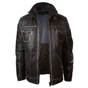 Herrenjacke 100% Echtleder Schwarz Braun Getragenes Design Hoher Kragen Lässig - Infinity Leather - 8