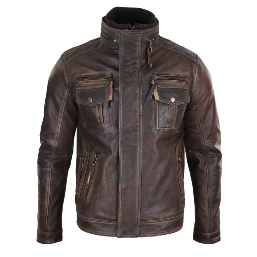 Men's Distressed Leather Biker Jacket Brown - Infinity Leather - 1