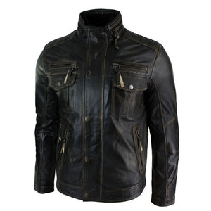 Men's Distressed Ruboff Black Brown Military Leather Jacket - Infinity Leather - 2