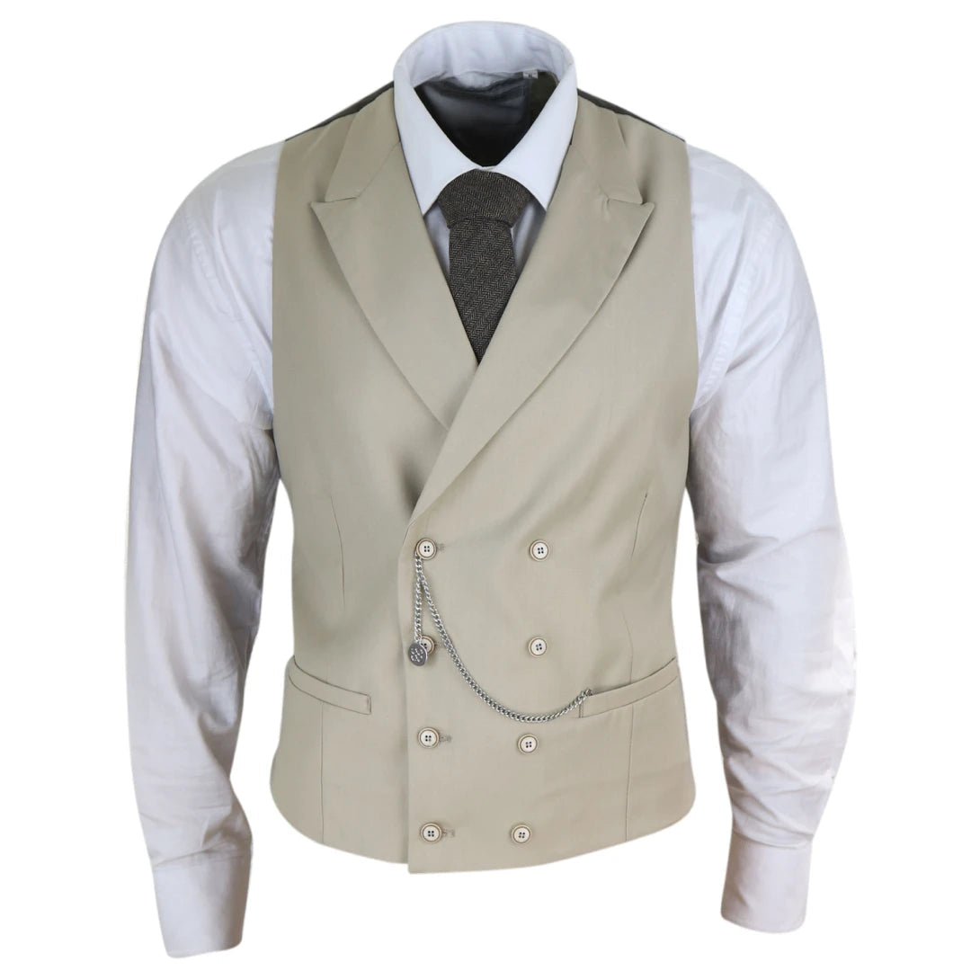Men's Double Breasted Waistcoat 1920s Blinders Pocket Chain - Beige - House of Cavani - 1