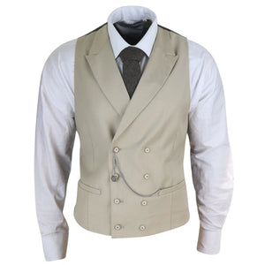 Men's Double Breasted Waistcoat 1920s Blinders Pocket Chain - Beige - House of Cavani - 1