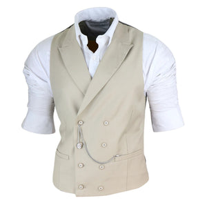 Men's Double Breasted Waistcoat 1920s Blinders Pocket Chain - Beige - House of Cavani - 2