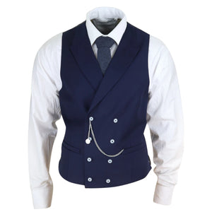 Men's Double Breasted Waistcoat 1920s Blinders Pocket Chain - Navy - House of Cavani - 5