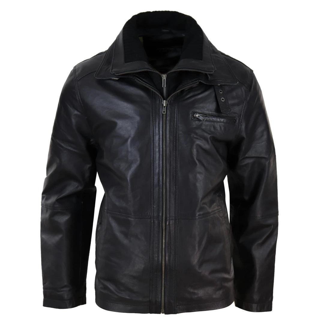 Giacca Invernale da Uomo stile Safari con Doppia Cerniera e in Vera Pelle - Nero - Infinity Leather - 1