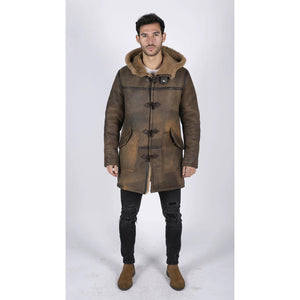 Herren Duffle 3/4 Mantel Echtes Schafsfell Lederjacke Klassisch Retro Braun - Infinity Leather - 2