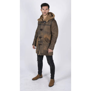 Herren Duffle 3/4 Mantel Echtes Schafsfell Lederjacke Klassisch Retro Braun - Infinity Leather - 4
