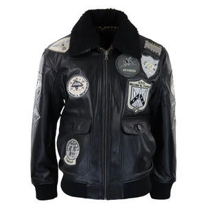 Czarna kurtka bomber męska pilotka z futrzanym kołnierzem i naszywkami - Infinity Leather - 1