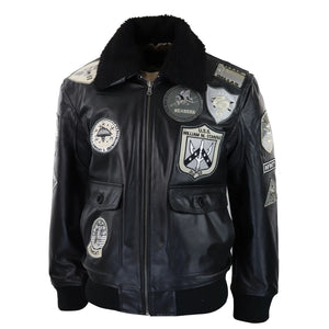 Czarna kurtka bomber męska pilotka z futrzanym kołnierzem i naszywkami - Infinity Leather - 2