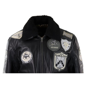 Czarna kurtka bomber męska pilotka z futrzanym kołnierzem i naszywkami - Infinity Leather - 4