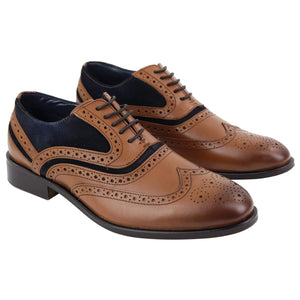 Mens Full Leather Suede Laced Oxford Brogues Smart Casual Formal Gatsby - Tan - House of Cavani - 2
