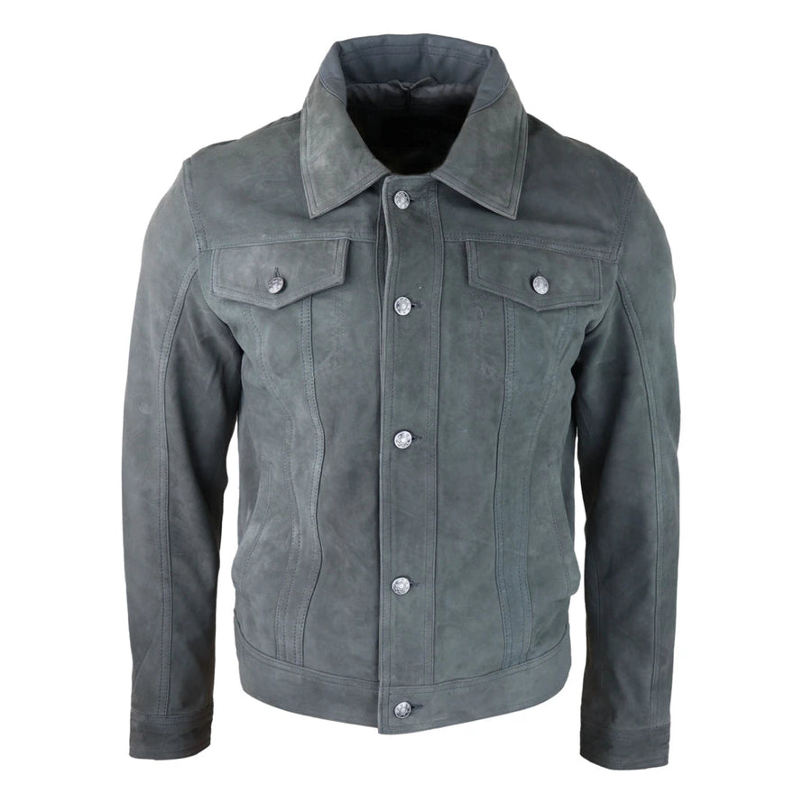 Mens Genuine Suede Jacket Leather Jeans Denim Short Mens Biker Classic VIntage - Grey - Infinity Leather - 1