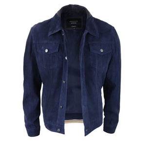 Giacca da Uomo Stile CLassico Biker Jeans Pelle Scamosciata Vintage - Blu Scuro - Infinity Leather - 10