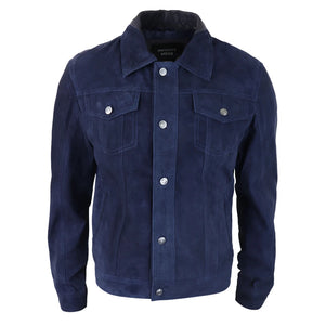 Giacca da Uomo Stile CLassico Biker Jeans Pelle Scamosciata Vintage - Blu Scuro - Infinity Leather - 7