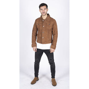Giacca da Uomo Stile CLassico Biker Jeans Pelle Scamosciata Vintage - Nocciola - Infinity Leather - 14