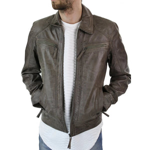 Men's Grey Leather Jacket Biker Box Style Zipped Casual Retro - Aviatrix - 2