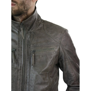 Men's Grey Leather Jacket Biker Box Style Zipped Casual Retro - Aviatrix - 3