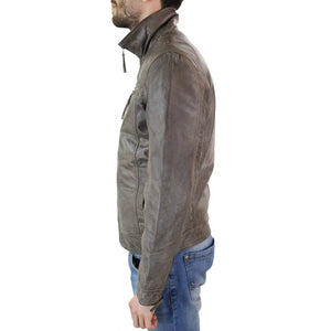 Men's Grey Leather Jacket Biker Box Style Zipped Casual Retro - Aviatrix - 4