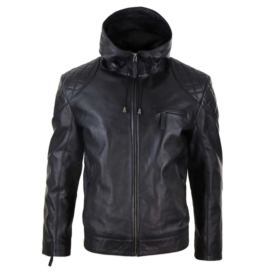 Kurtka motocyklowa męska z kapturem ze skóry naturalnej casual zapinana na zamek retro miejska - Czarny - Infinity Leather - 1