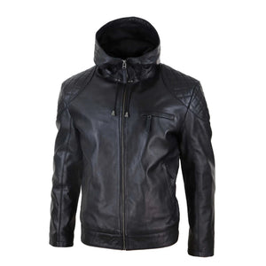 Kurtka motocyklowa męska z kapturem ze skóry naturalnej casual zapinana na zamek retro miejska - Czarny - Infinity Leather - 2