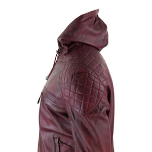 Kurtka motocyklowa męska z kapturem ze skóry naturalnej casual zapinana na zamek retro miejska - Bordowy - Infinity Leather - 10