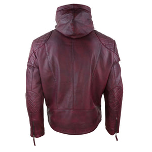 Kurtka motocyklowa męska z kapturem ze skóry naturalnej casual zapinana na zamek retro miejska - Bordowy - Infinity Leather - 11