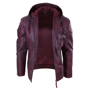 Kurtka motocyklowa męska z kapturem ze skóry naturalnej casual zapinana na zamek retro miejska - Bordowy - Infinity Leather - 8