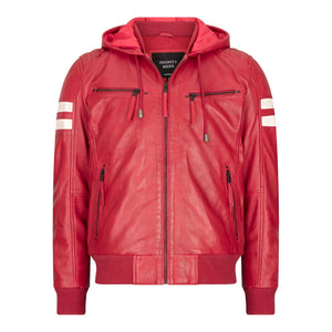 Men's Hooded Leather Bomber Jacket Red Stripes Quilted - Aviatrix - 20