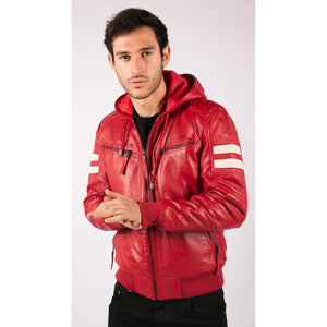 Men's Hooded Leather Bomber Jacket Red Stripes Quilted - Aviatrix - 21