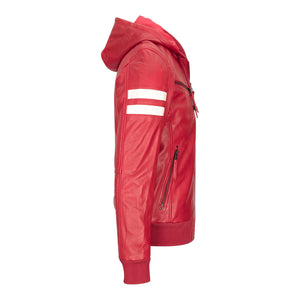 Men's Hooded Leather Bomber Jacket Red Stripes Quilted - Aviatrix - 22