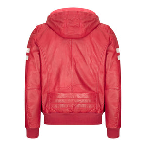 Men's Hooded Leather Bomber Jacket Red Stripes Quilted - Aviatrix - 24