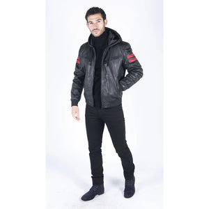 Men's Hooded Leather Bomber Jacket Red Stripes Quilted - Black - Aviatrix - 2