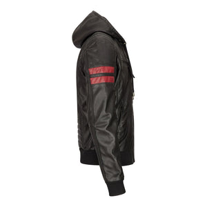 Men's Hooded Leather Bomber Jacket Red Stripes Quilted - Black - Aviatrix - 3