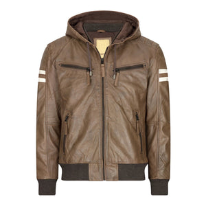 Men's Hooded Leather Bomber Jacket Red Stripes Quilted - Brown - Aviatrix - 10