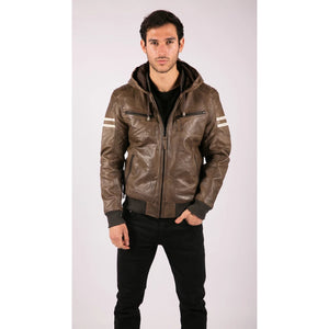 Men's Hooded Leather Bomber Jacket Red Stripes Quilted - Brown - Aviatrix - 11