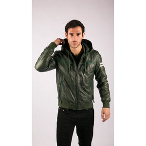Men's Hooded Leather Bomber Jacket Red Stripes Quilted - Green - Aviatrix - 16