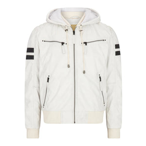 Men's Hooded Leather Bomber Jacket Red Stripes Quilted - White - Aviatrix - 25