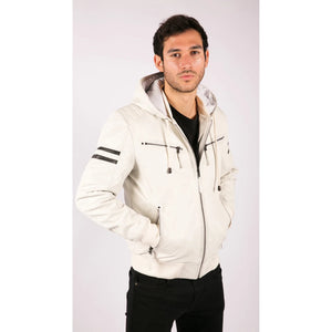 Men's Hooded Leather Bomber Jacket Red Stripes Quilted - White - Aviatrix - 26