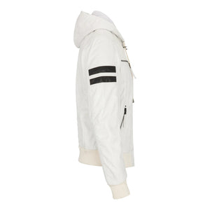 Men's Hooded Leather Bomber Jacket Red Stripes Quilted - White - Aviatrix - 27