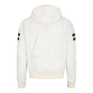 Men's Hooded Leather Bomber Jacket Red Stripes Quilted - White - Aviatrix - 29