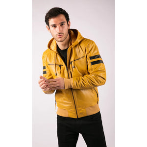 Men's Hooded Leather Bomber Jacket Red Stripes Quilted - Yellow - Aviatrix - 31