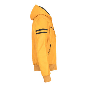Men's Hooded Leather Bomber Jacket Red Stripes Quilted - Yellow - Aviatrix - 32