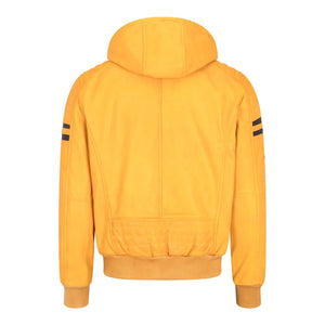 Men's Hooded Leather Bomber Jacket Red Stripes Quilted - Yellow - Aviatrix - 33
