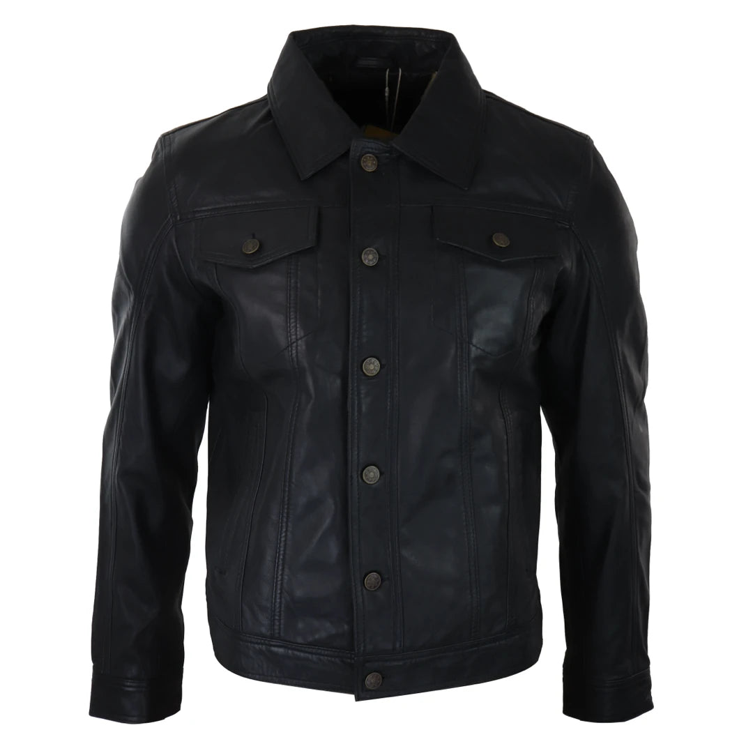 Herren Vintage Denim Stil Leder Jacke im Retro Stil Schwarz Braun - Infinity Leather - 1